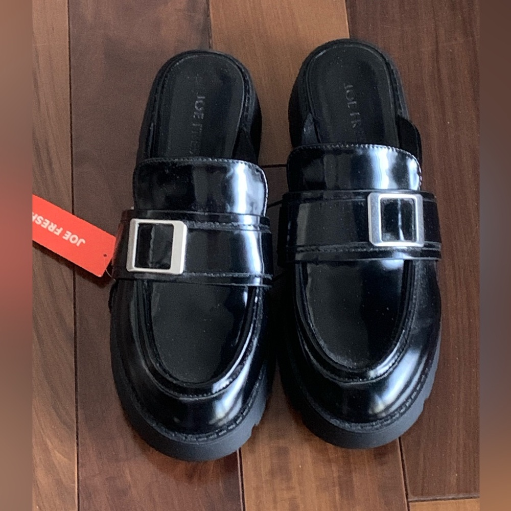 Joe Fresh Black Patent Slip-On Mules with Silver Buckles